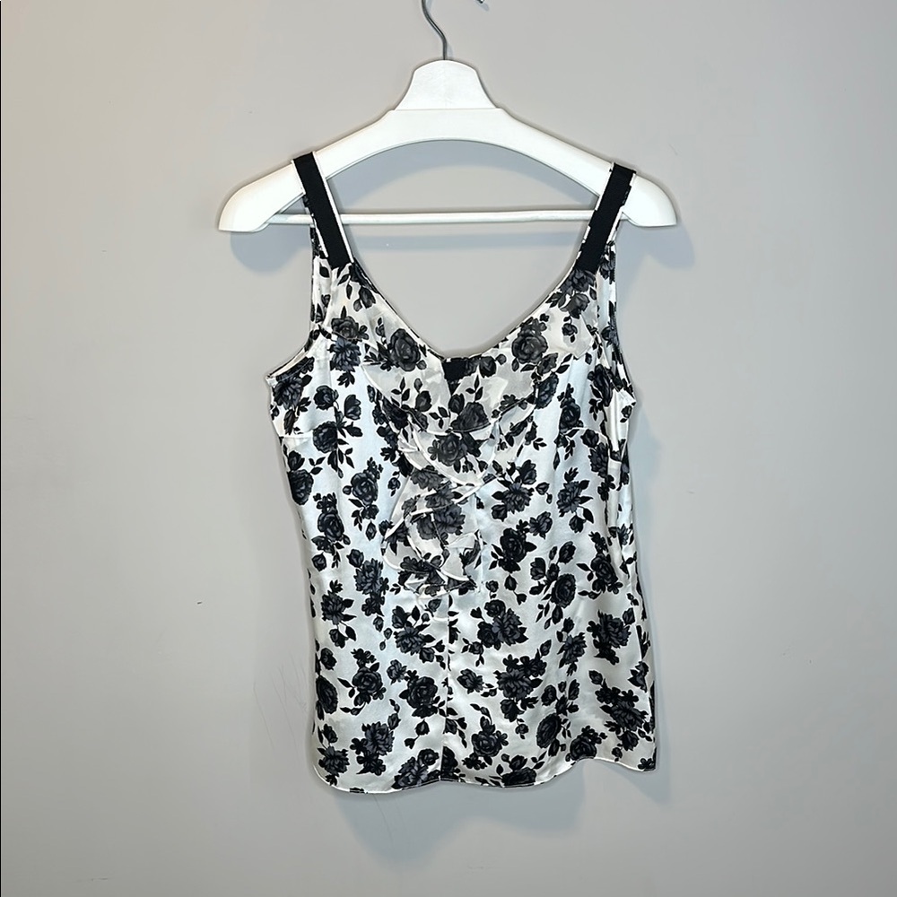 White House Black Market Silk Floral Sleeveless Blouse With Ruffles